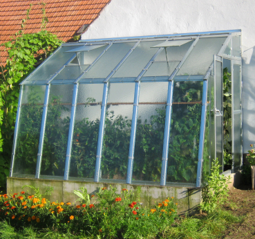 Vario Stahl Anlehngewächshaus Domus 4,5 Nörpelglas BxL 212x452cm 9,5m² verzinkt
